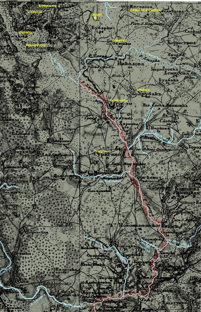 Złożone z fragmentów mapy trójwiorstówki 14-10 i 14-11. Czerwona linia to znany fragment granicy między stanem iwanowskim i stanem jeleńskim.